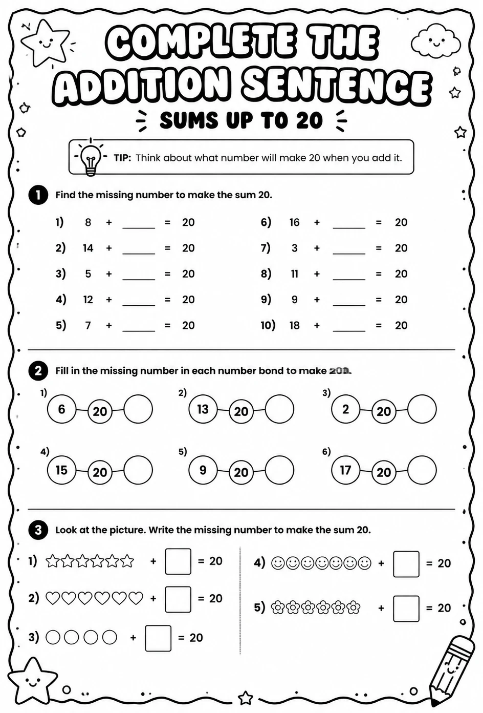 Complete the addition sentence - sums up to 20