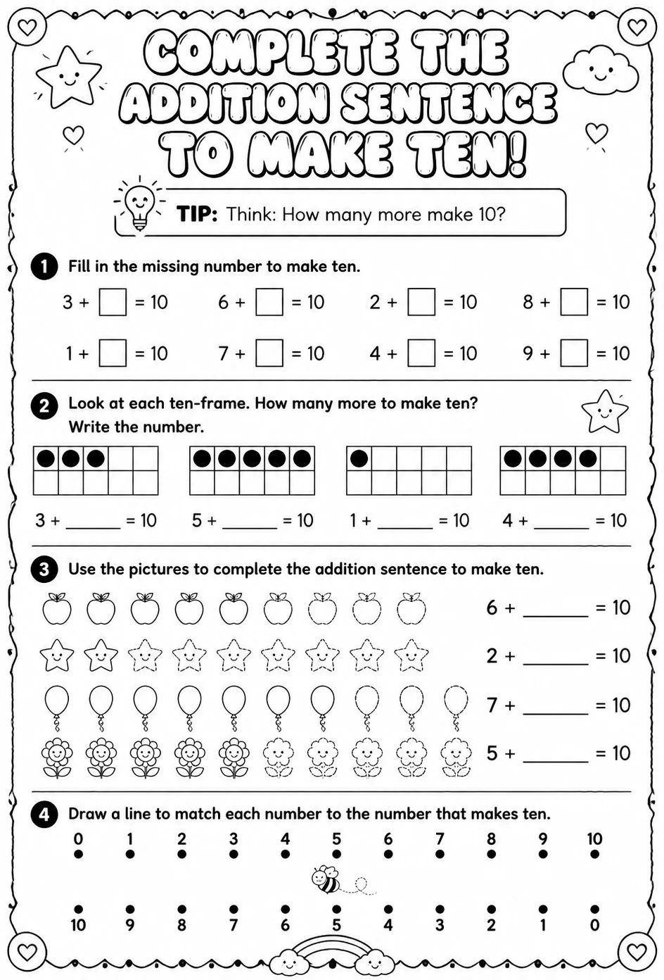 Complete the addition sentence to make ten