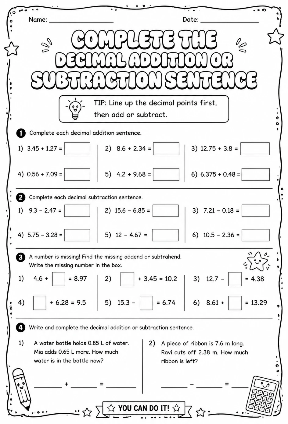 Complete the decimal addition or subtraction sentence