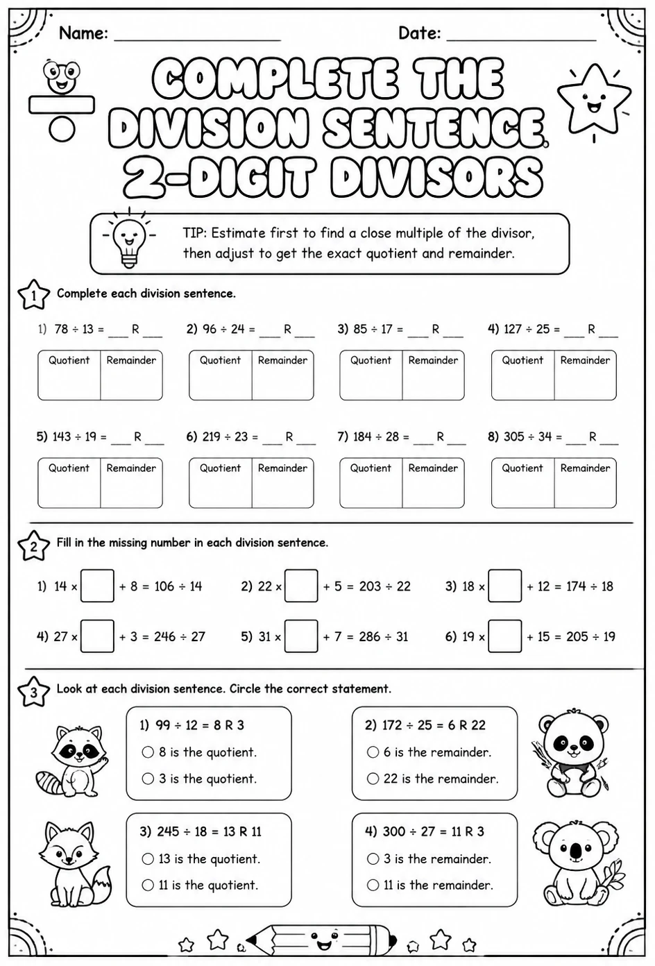 Complete the division sentence: 2-digit divisors