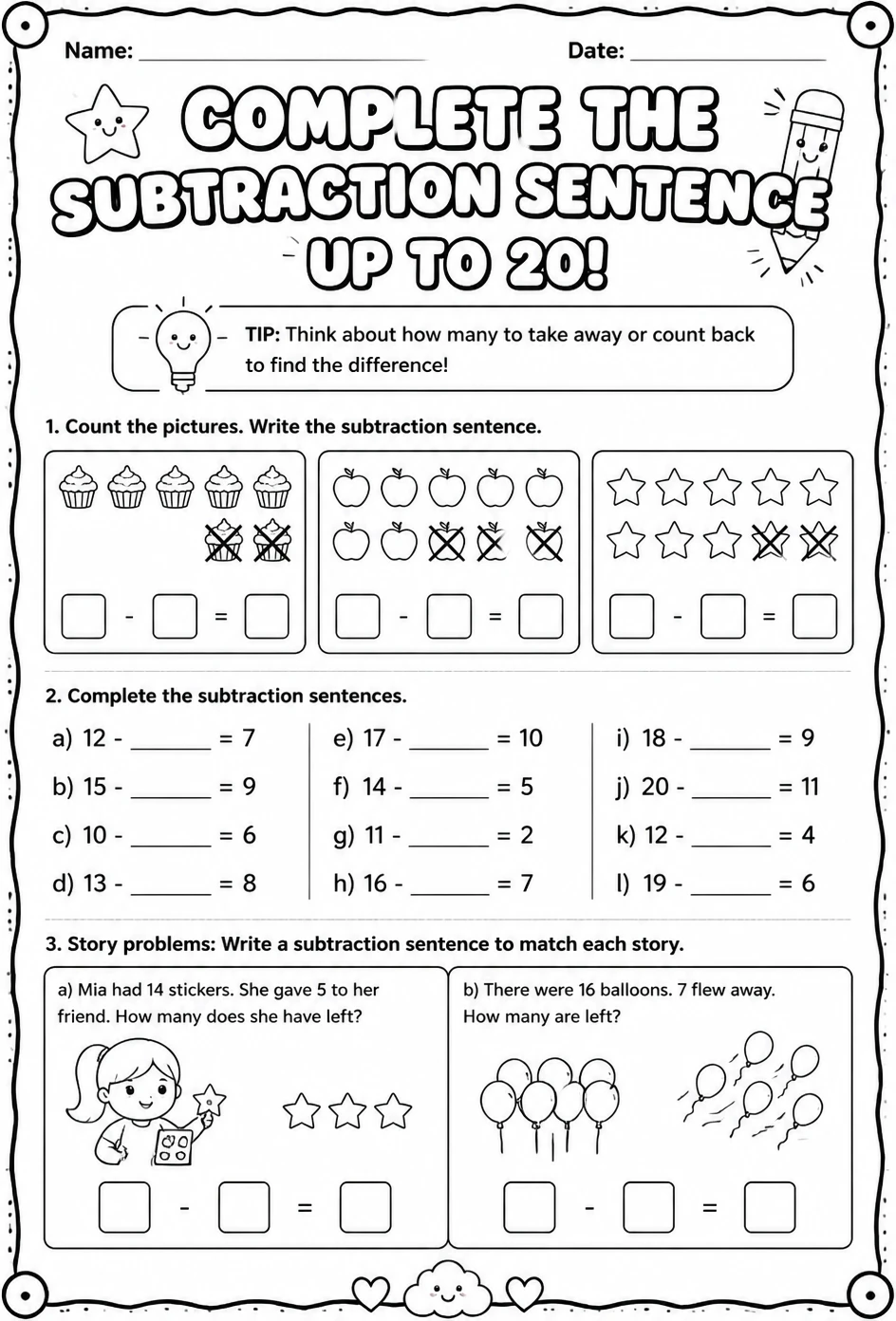 Complete the subtraction sentence - up to 20
