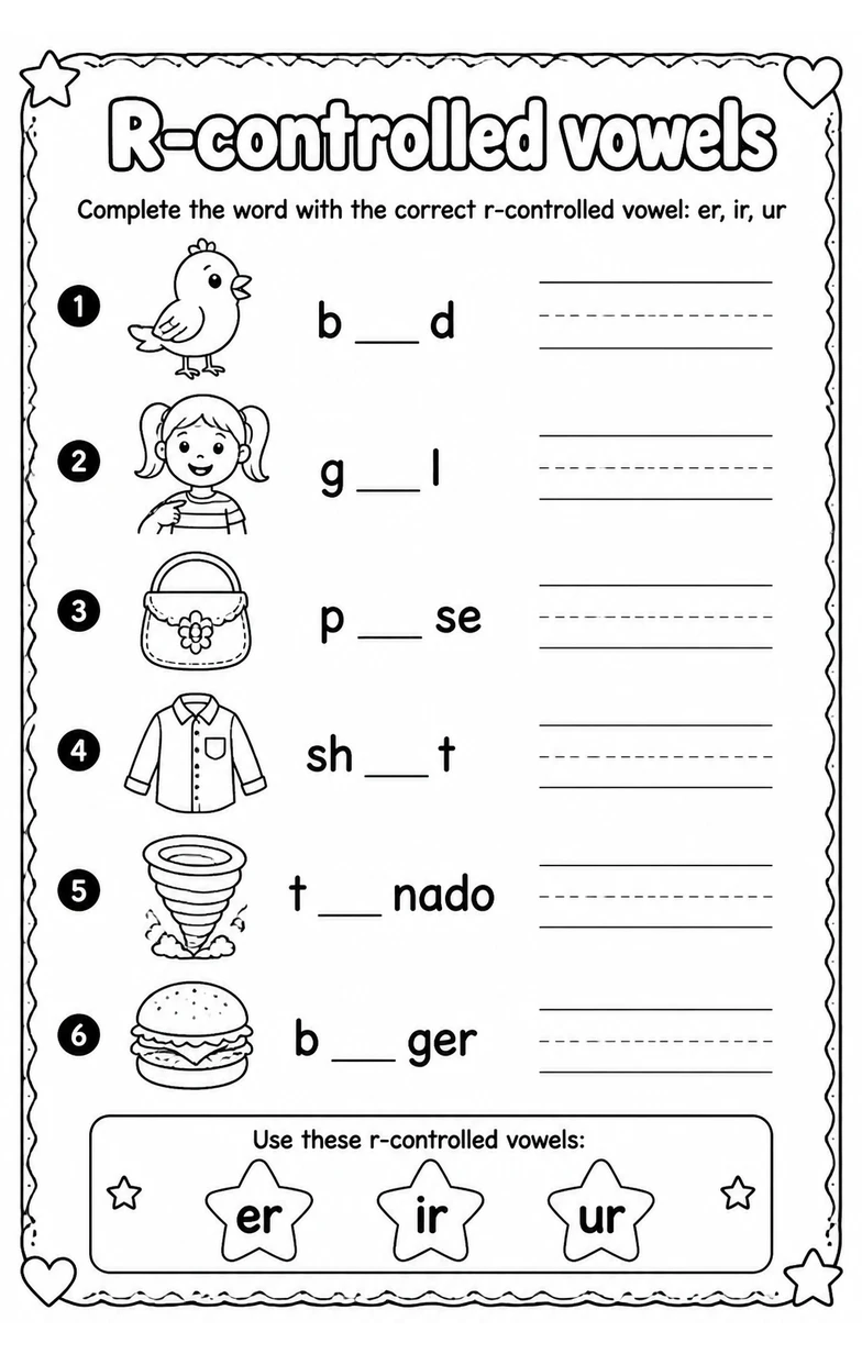 Complete the word with the correct r-controlled vowel: er, ir, ur