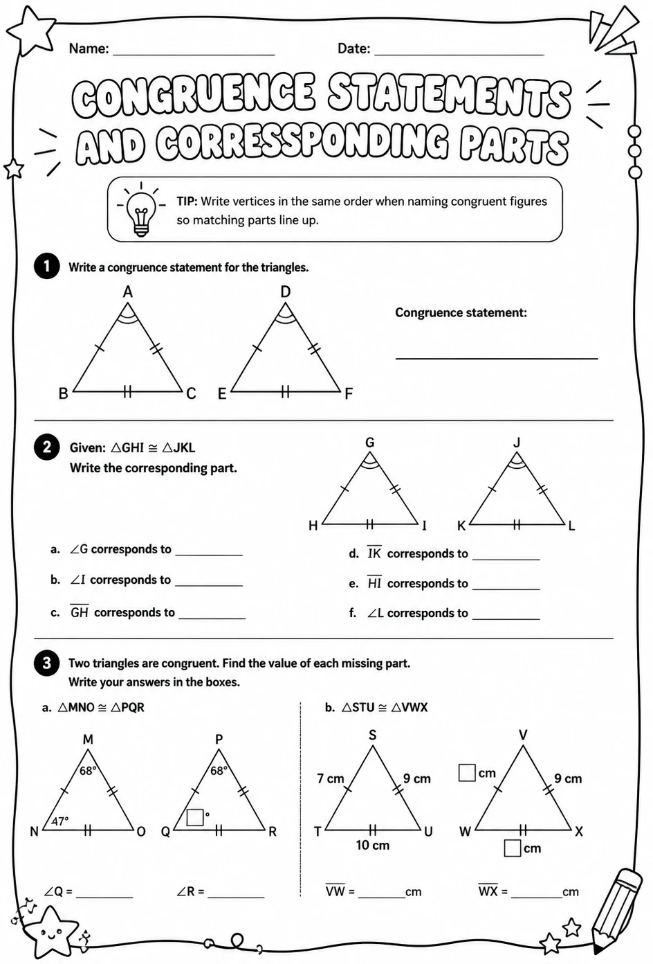 Congruence statements and corresponding parts