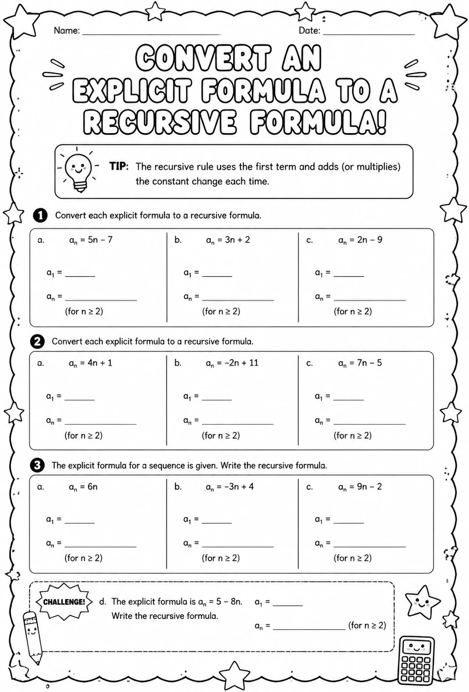Convert an explicit formula to a recursive formula
