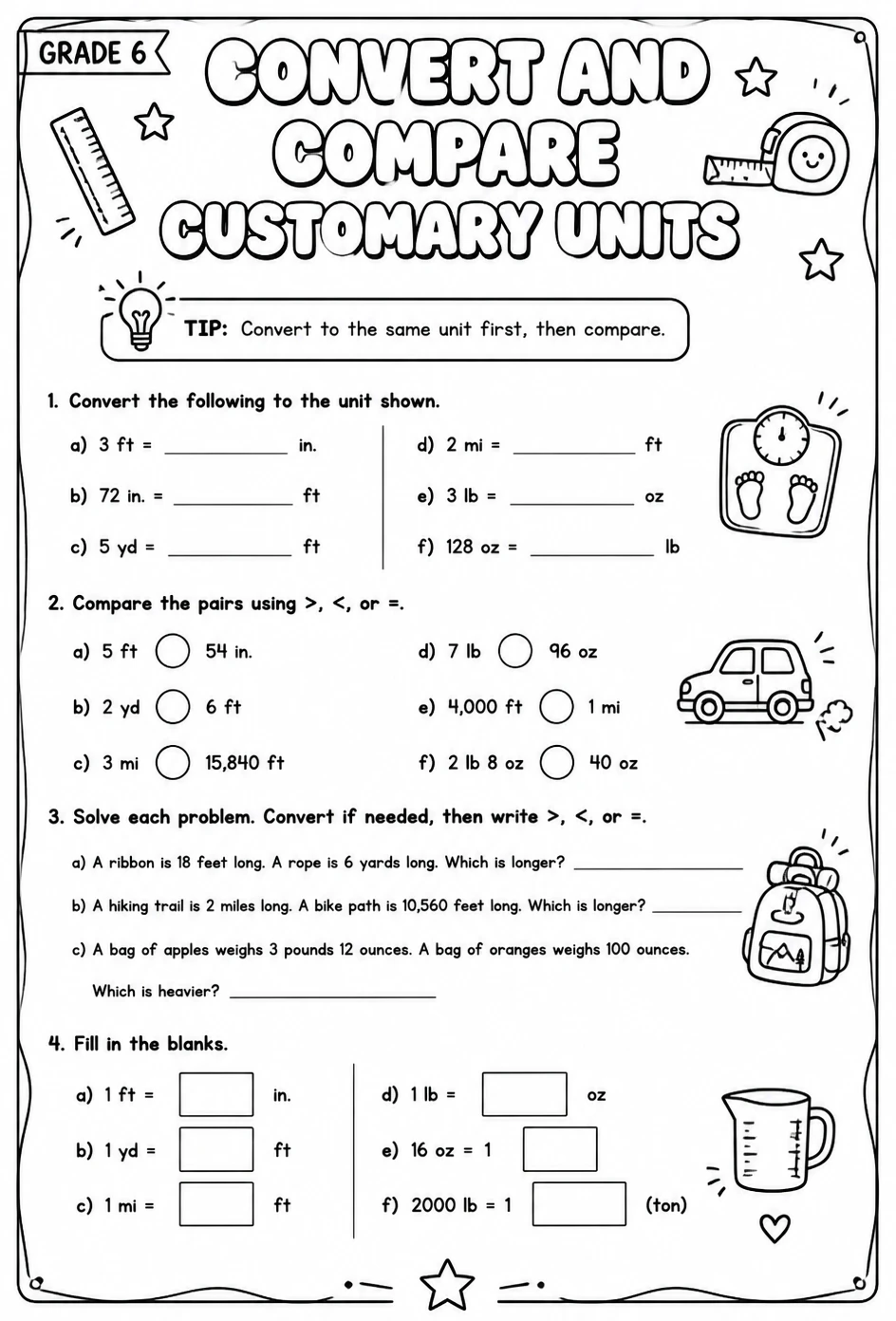 Convert and compare customary units