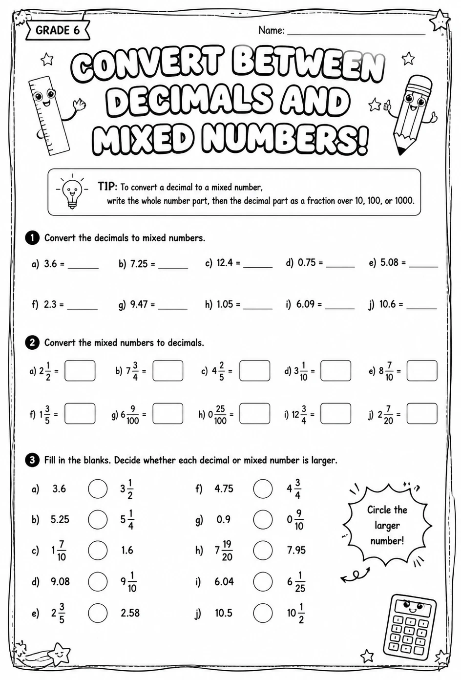 Convert between decimals and mixed numbers