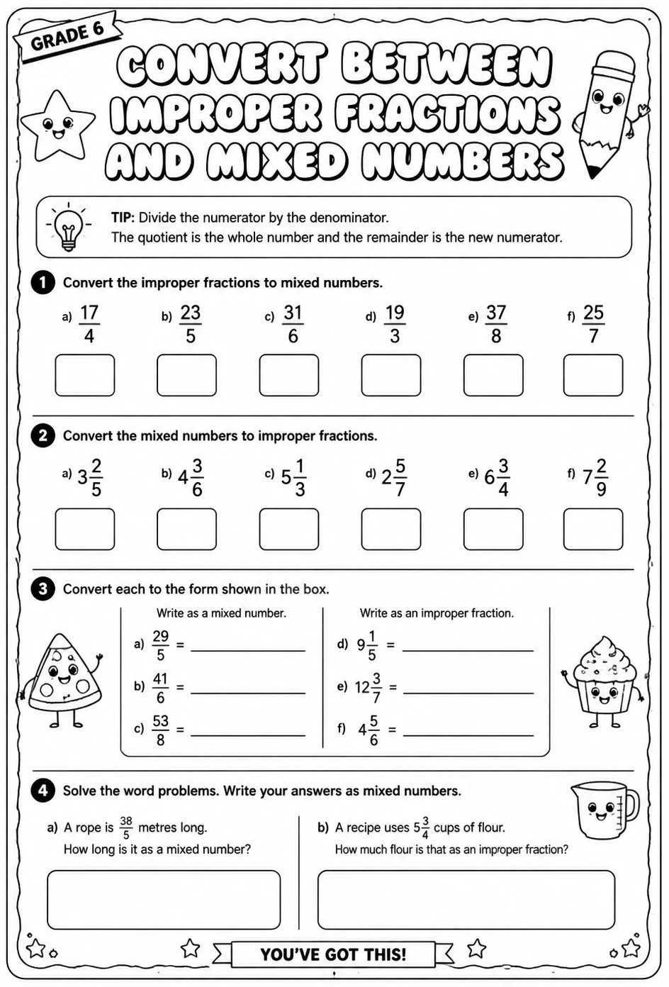 Convert between improper fractions and mixed numbers