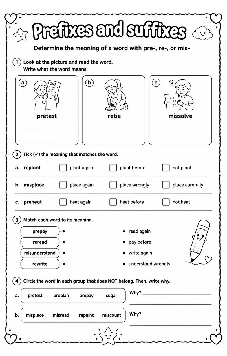 Determine the meaning of a word with pre-, re-, or mis-
