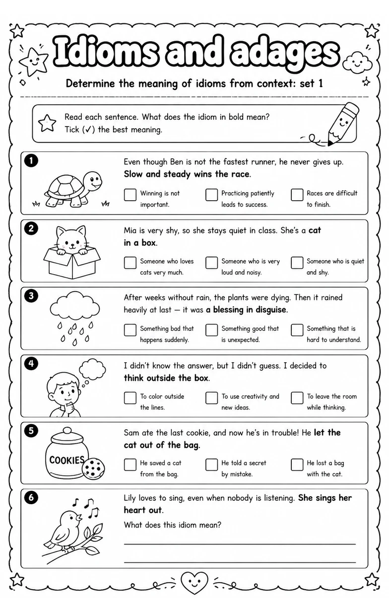 Determine the meaning of idioms from context: set 1