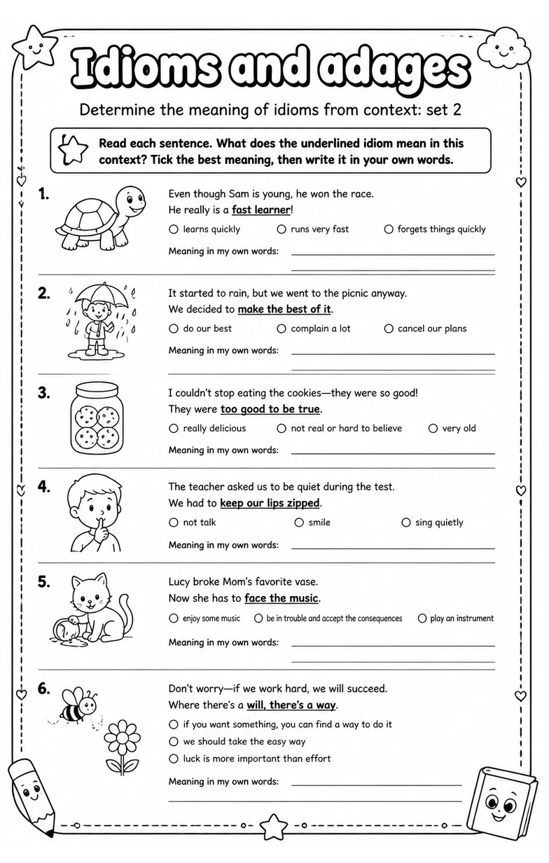 Determine the meaning of idioms from context: set 2
