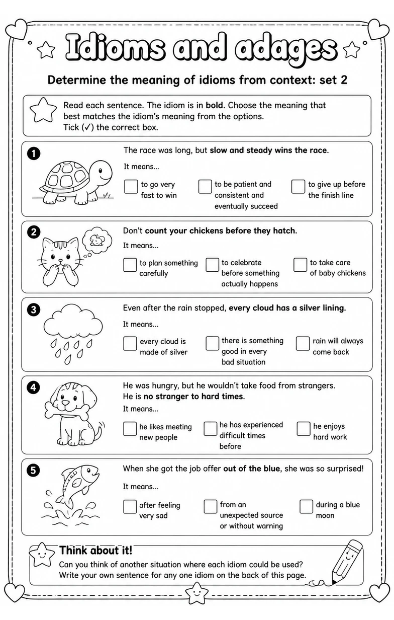 Determine the meaning of idioms from context: set 2