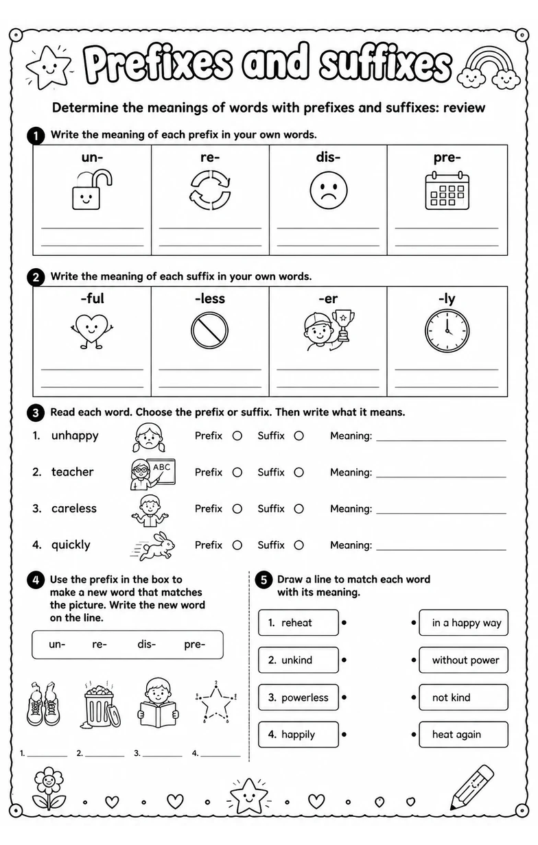 Determine the meanings of words with prefixes and suffixes: review