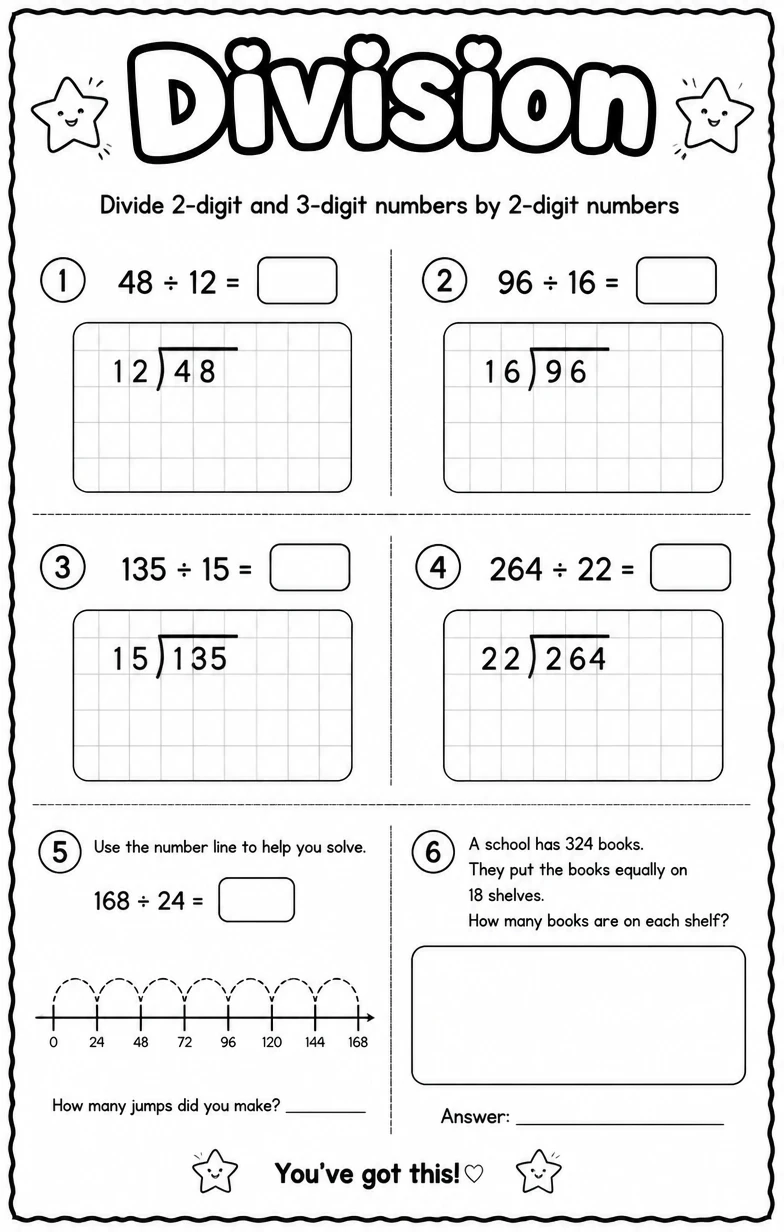 Divide 2-digit and 3-digit numbers by 2-digit numbers