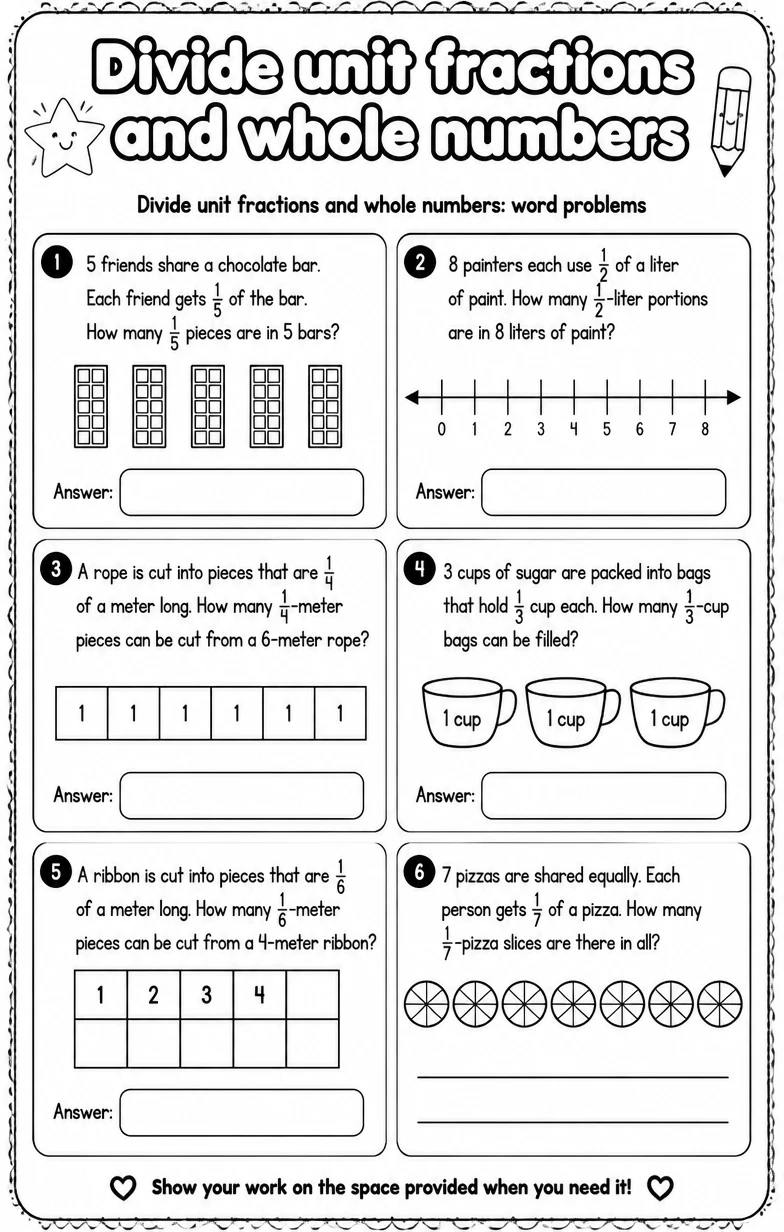 Divide unit fractions and whole numbers: word problems
