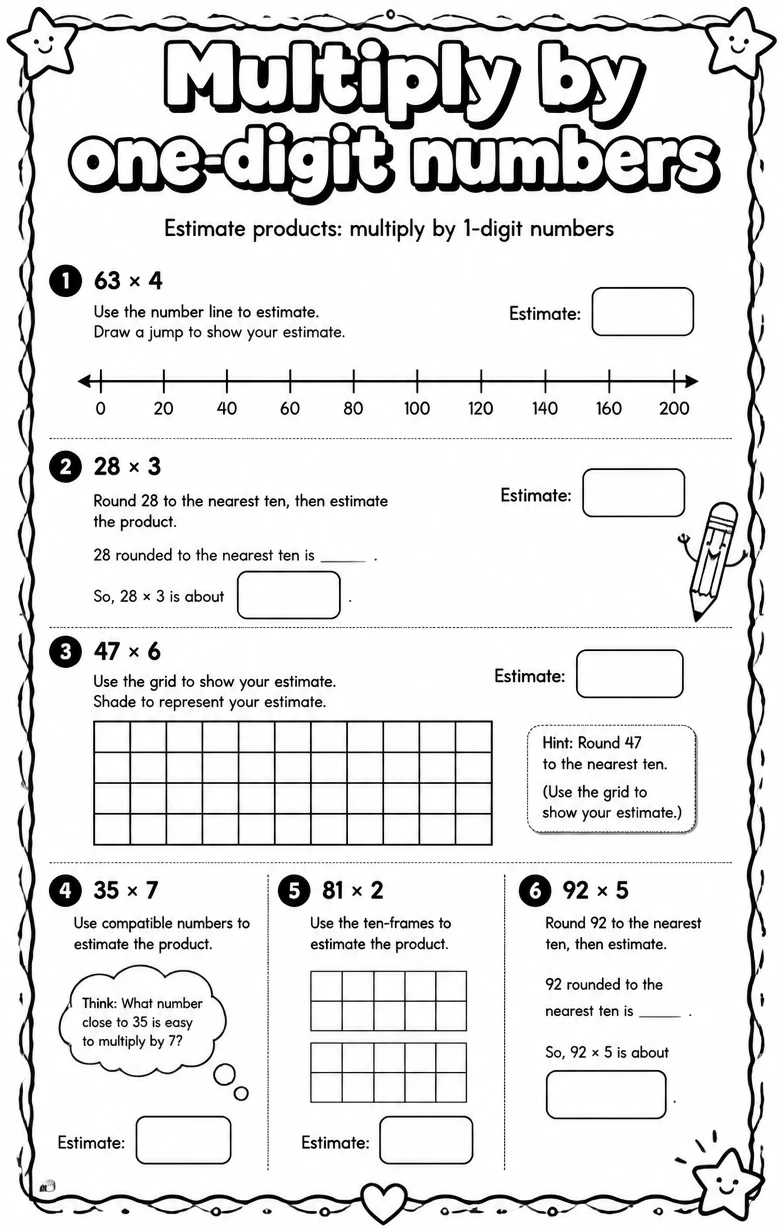 Estimate products: multiply by 1-digit numbers