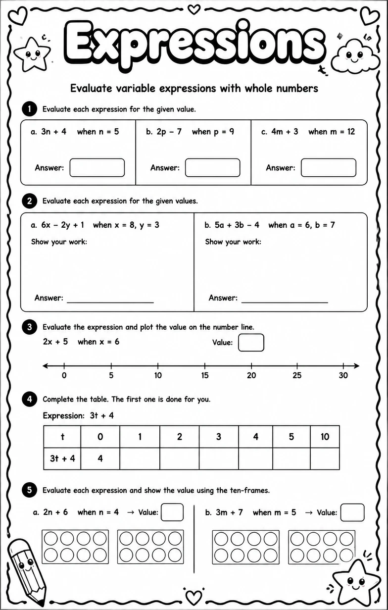 Evaluate variable expressions with whole numbers