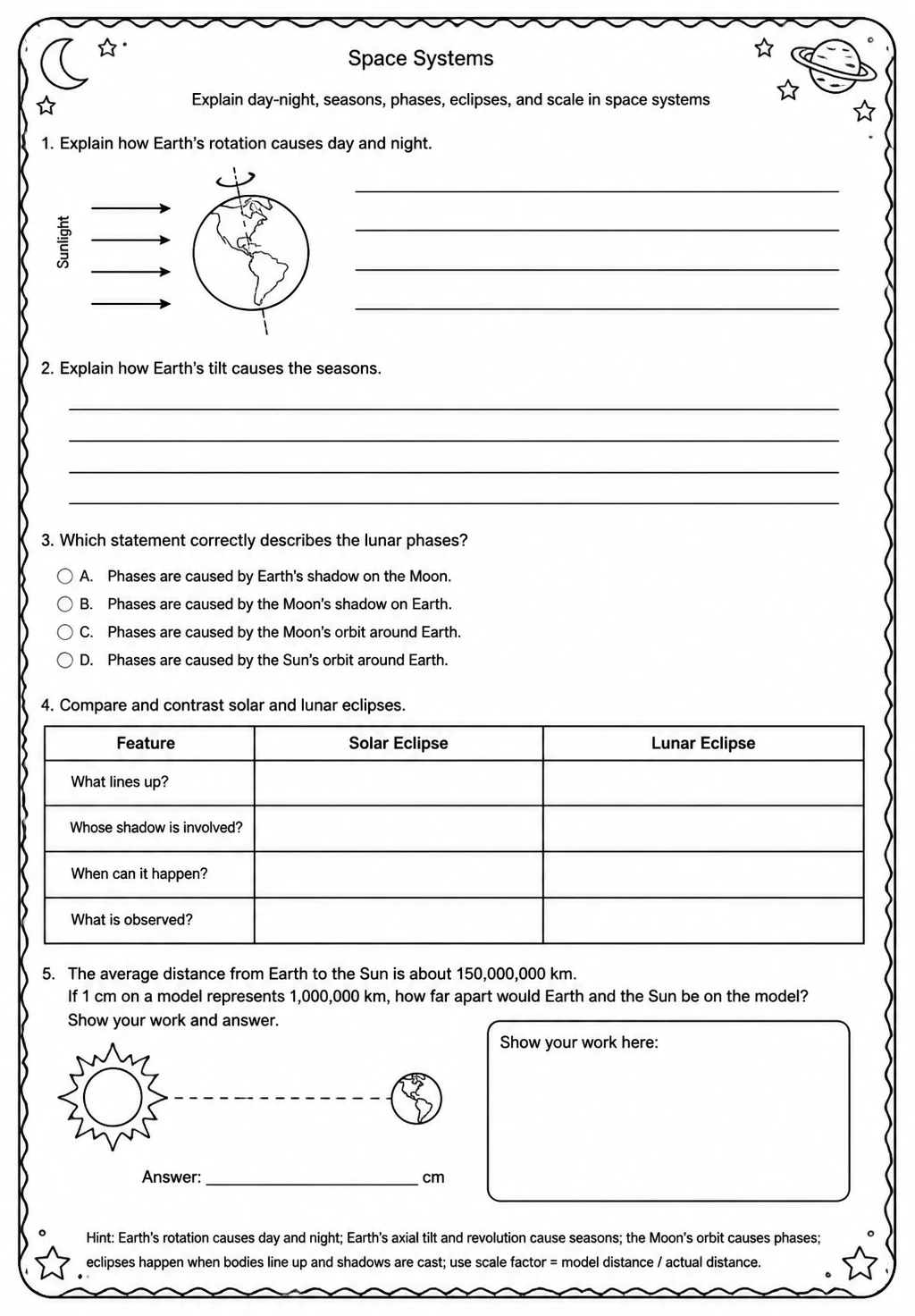 Explain day-night, seasons, phases, eclipses, and scale in space systems