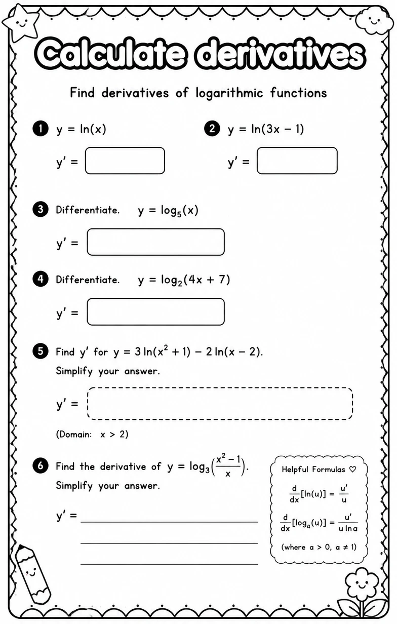 Find derivatives of logarithmic functions