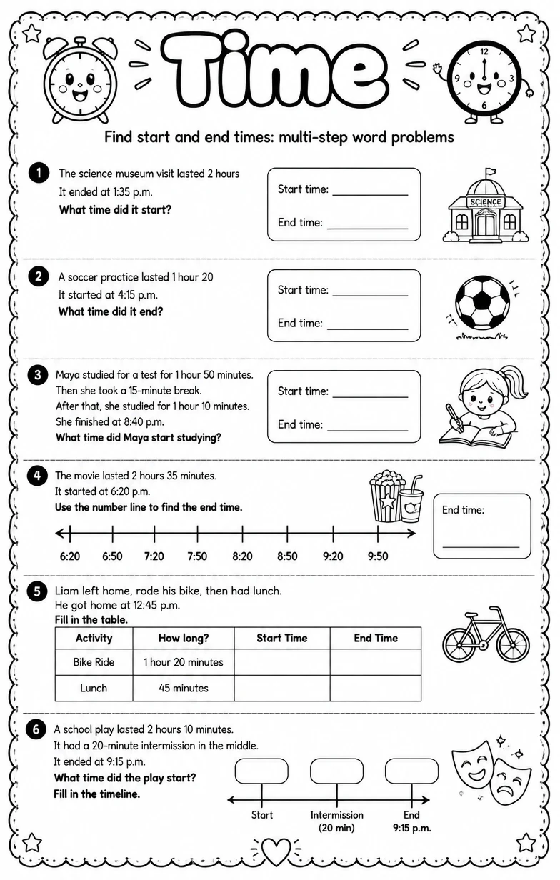 Find start and end times: multi-step word problems