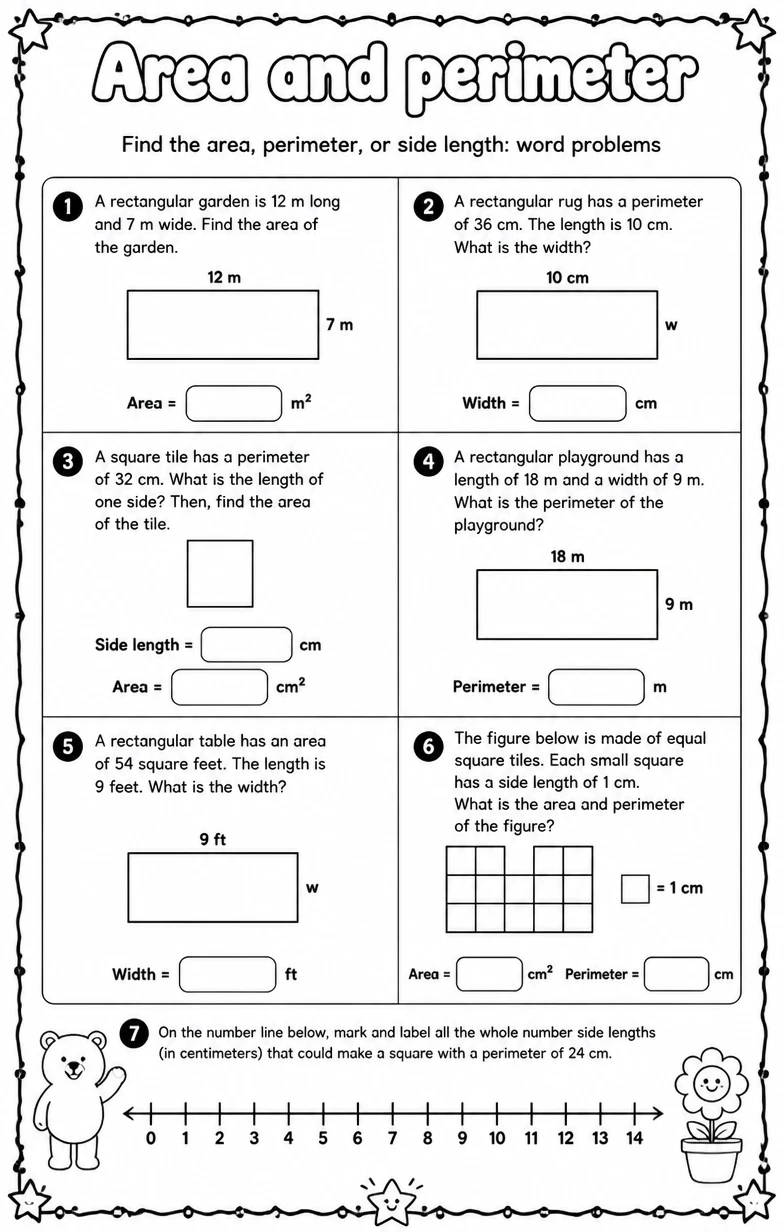 Find the area, perimeter, or side length: word problems