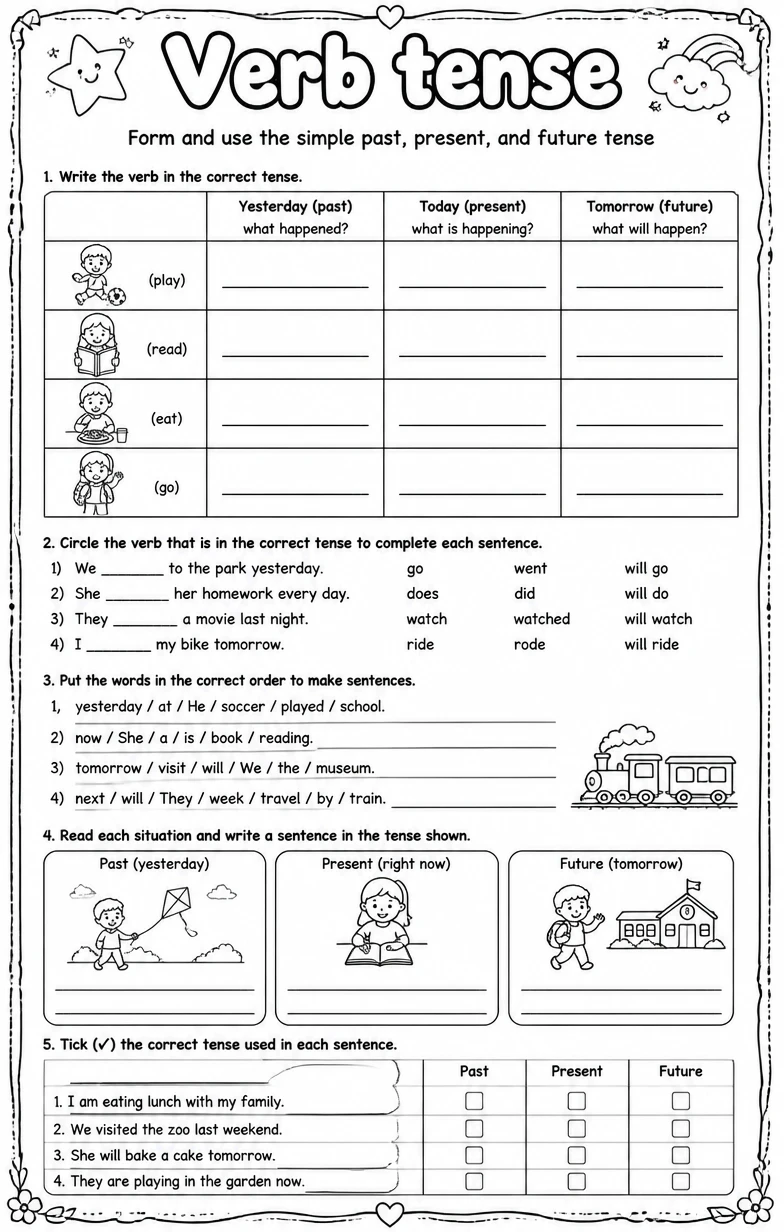 Form and use the simple past, present, and future tense