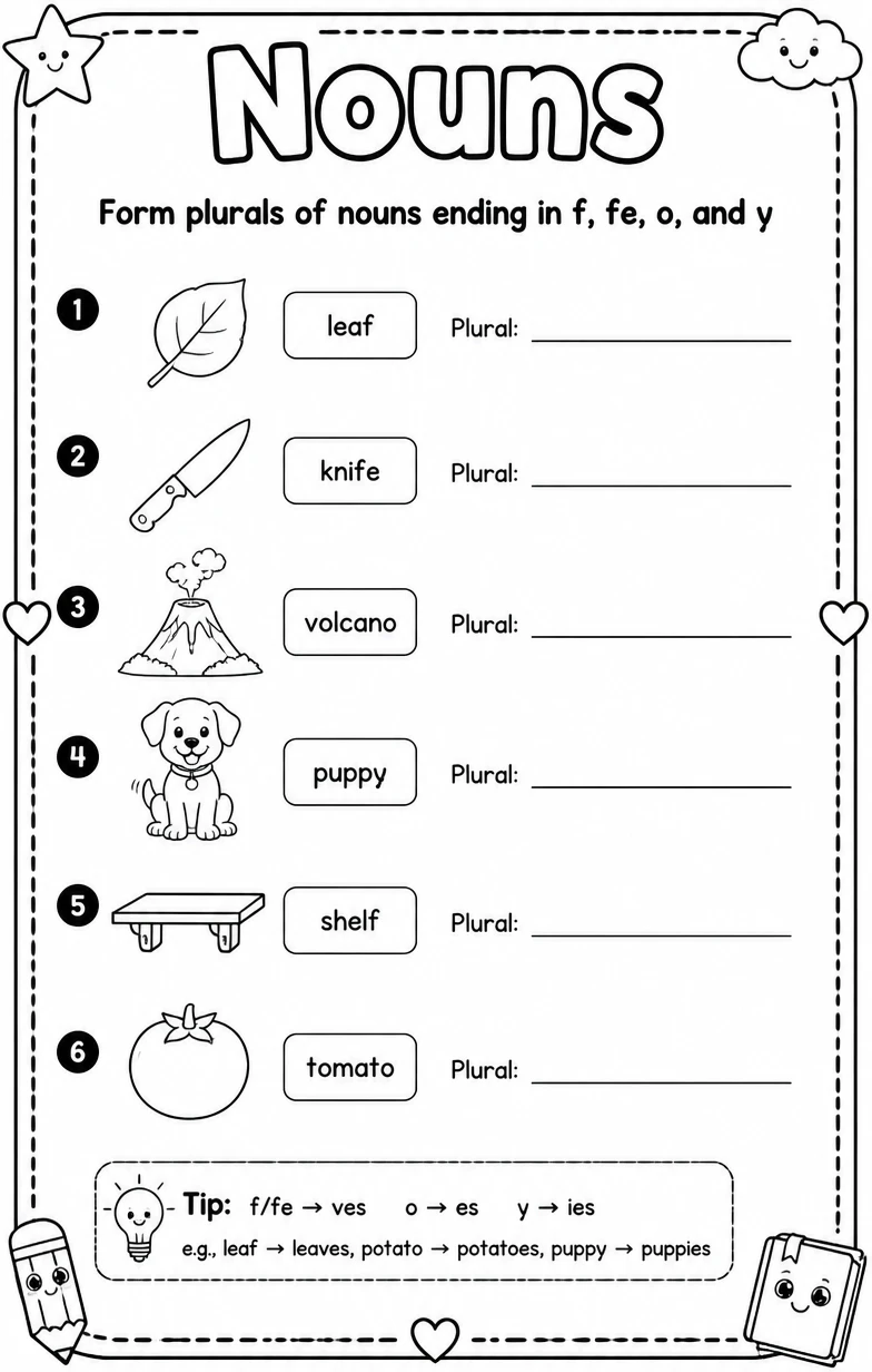 Form plurals of nouns ending in f, fe, o, and y