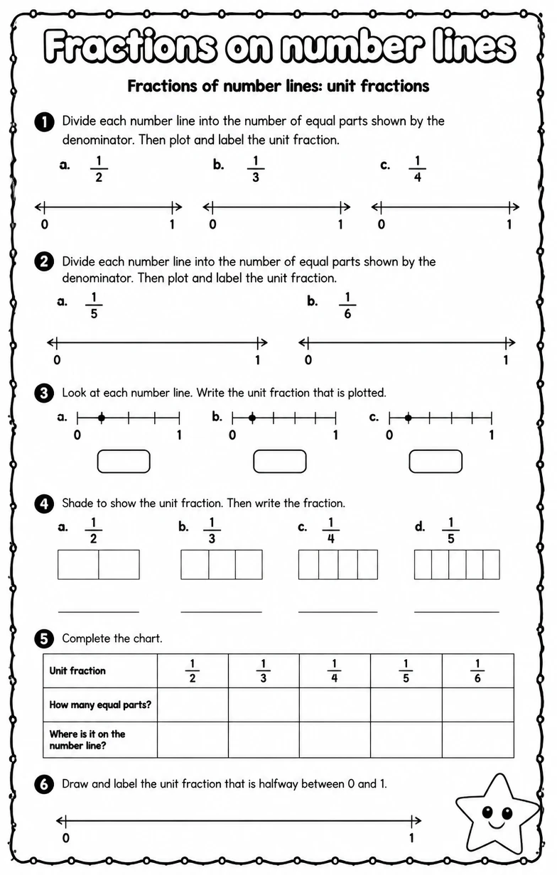 Fractions of number lines: unit fractions