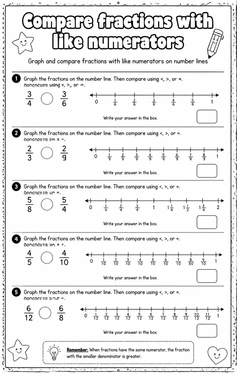 Graph and compare fractions with like numerators on number lines