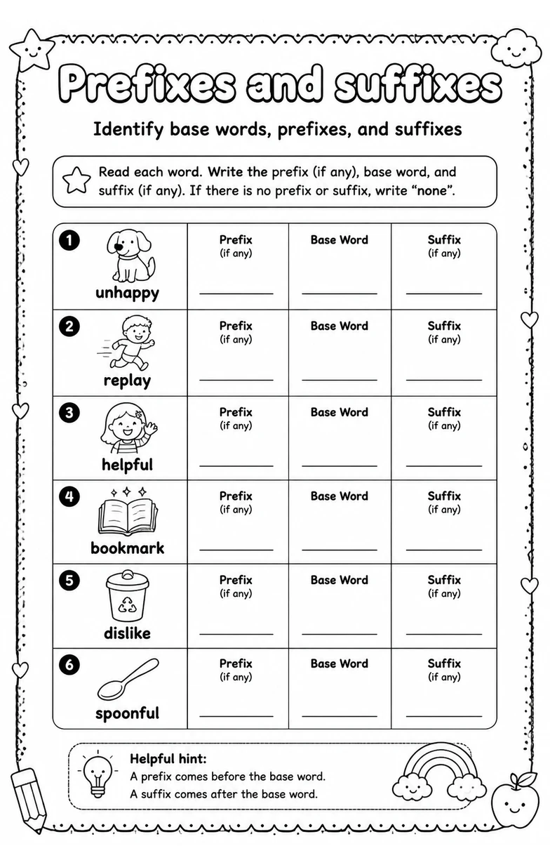 Identify base words, prefixes, and suffixes