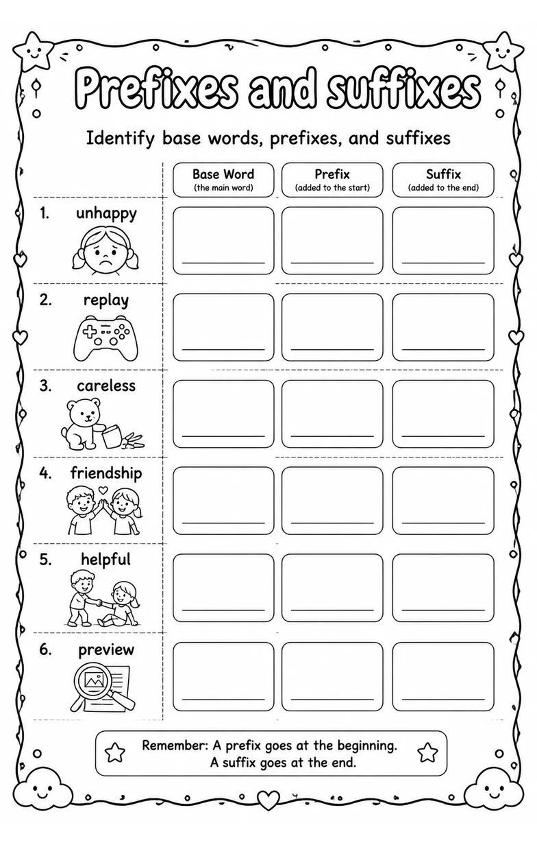 Identify base words, prefixes, and suffixes