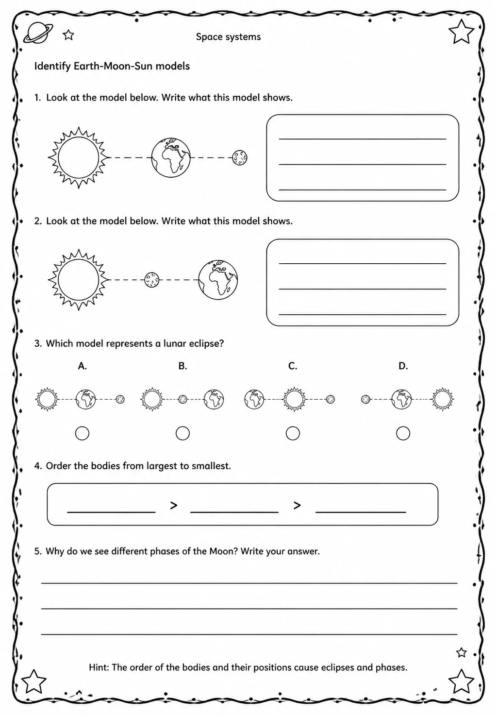 Identify Earth-Moon-Sun models