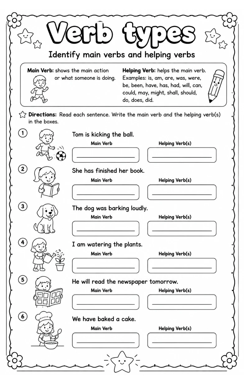 Identify main verbs and helping verbs