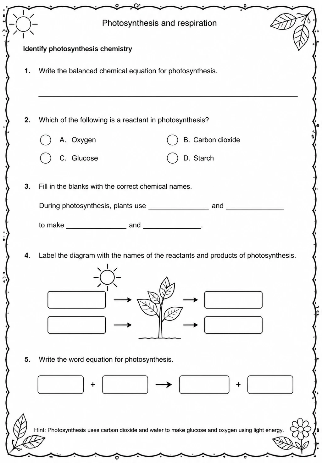 Identify photosynthesis chemistry