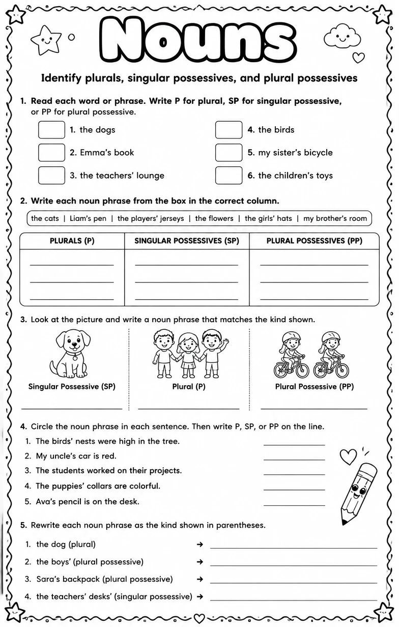Identify plurals, singular possessives, and plural possessives