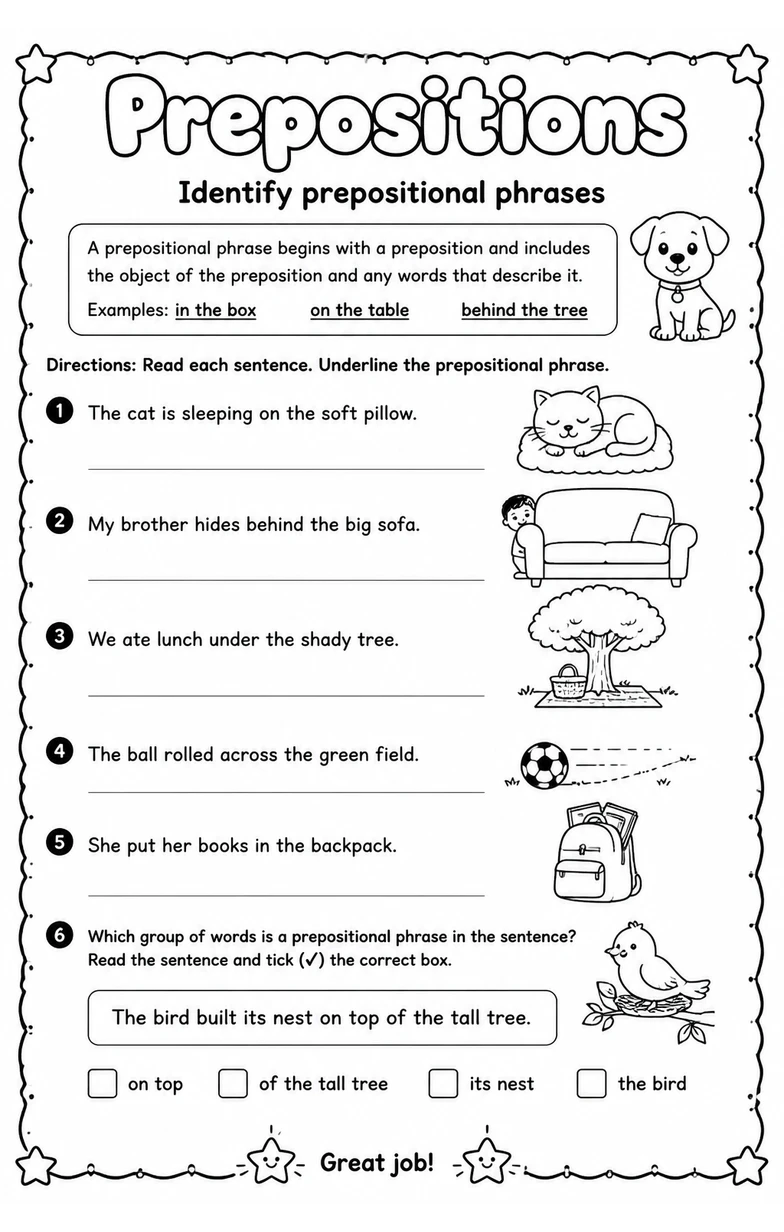 Identify prepositional phrases