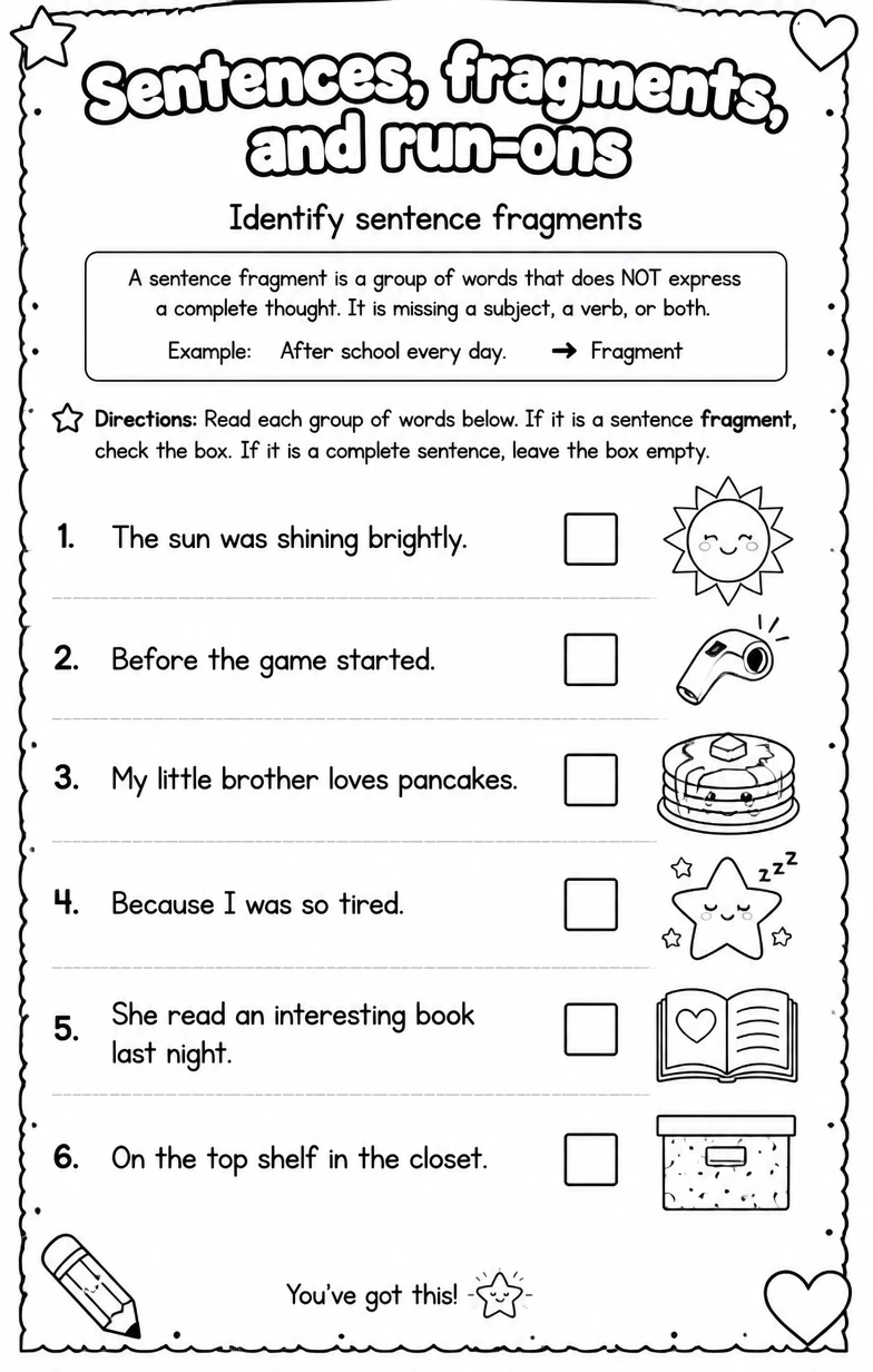Identify sentence fragments
