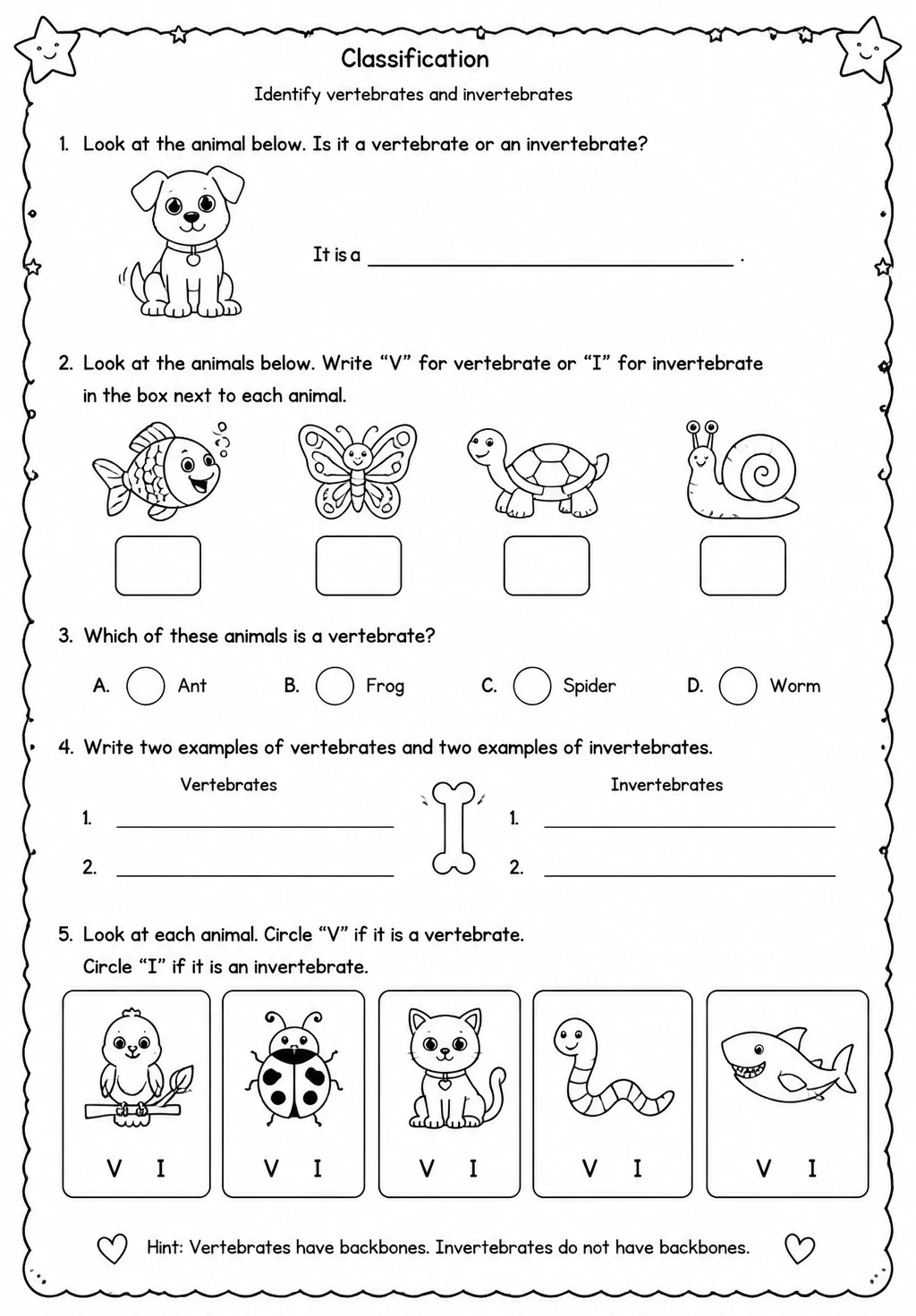 Identify vertebrates and invertebrates