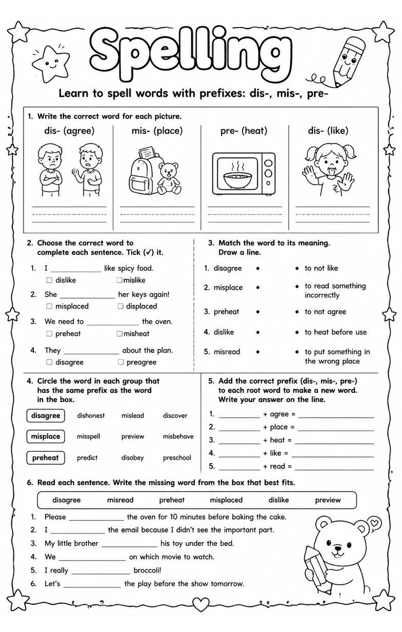 Learn to spell words with prefixes: dis-, mis-, pre-