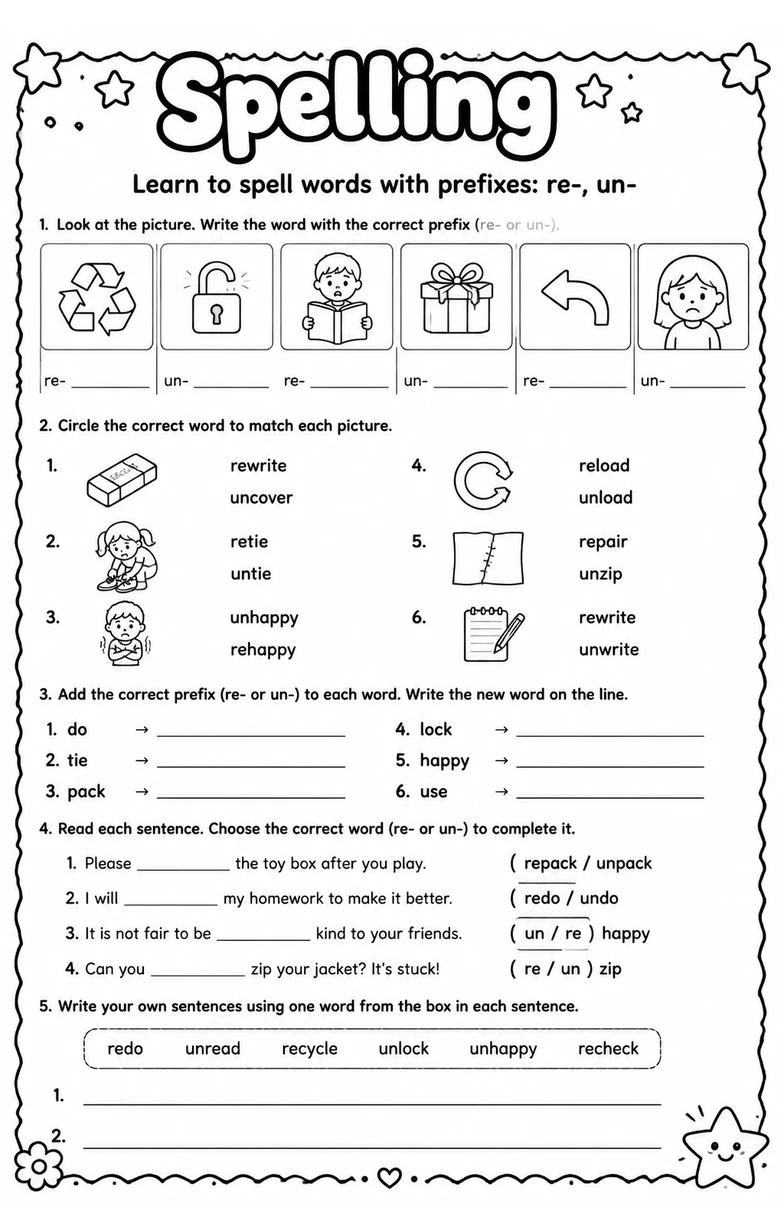 Learn to spell words with prefixes: re-, un-