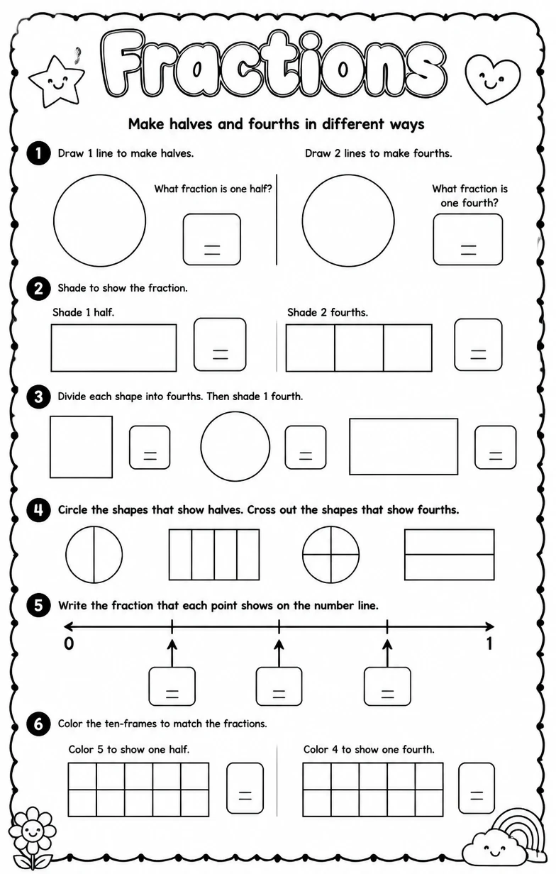 Make halves and fourths in different ways