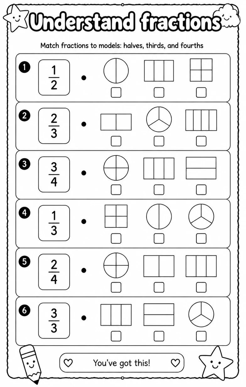 Match fractions to models: halves, thirds, and fourths
