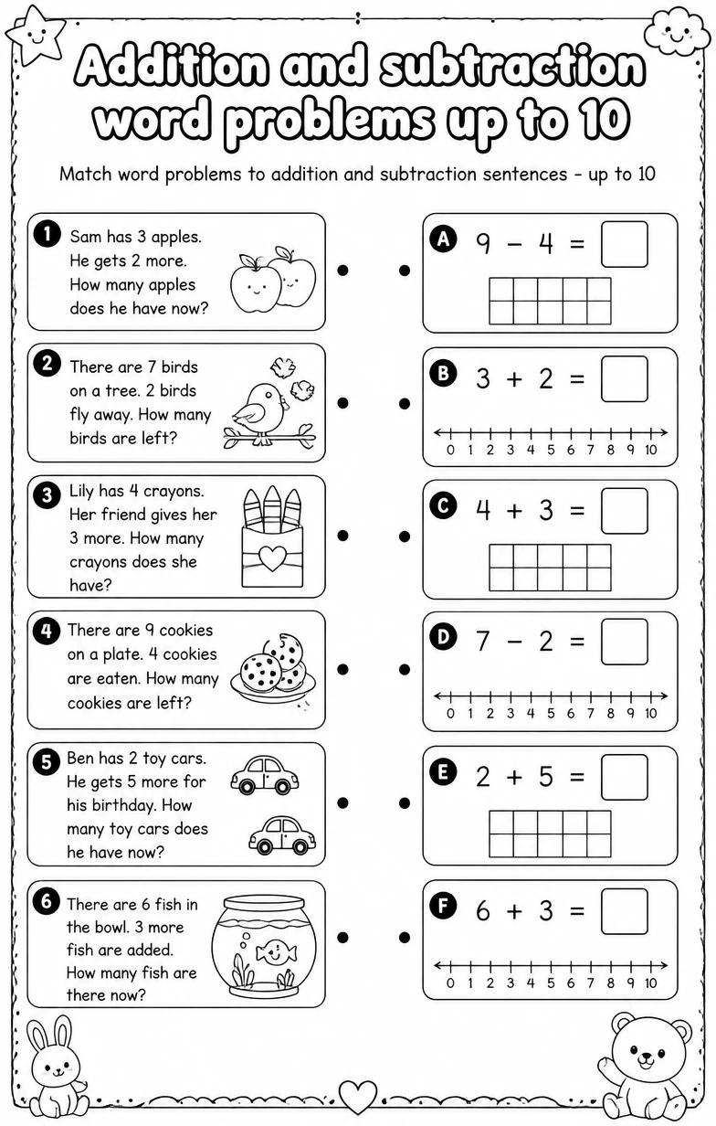 Match word problems to addition and subtraction sentences - up to 10