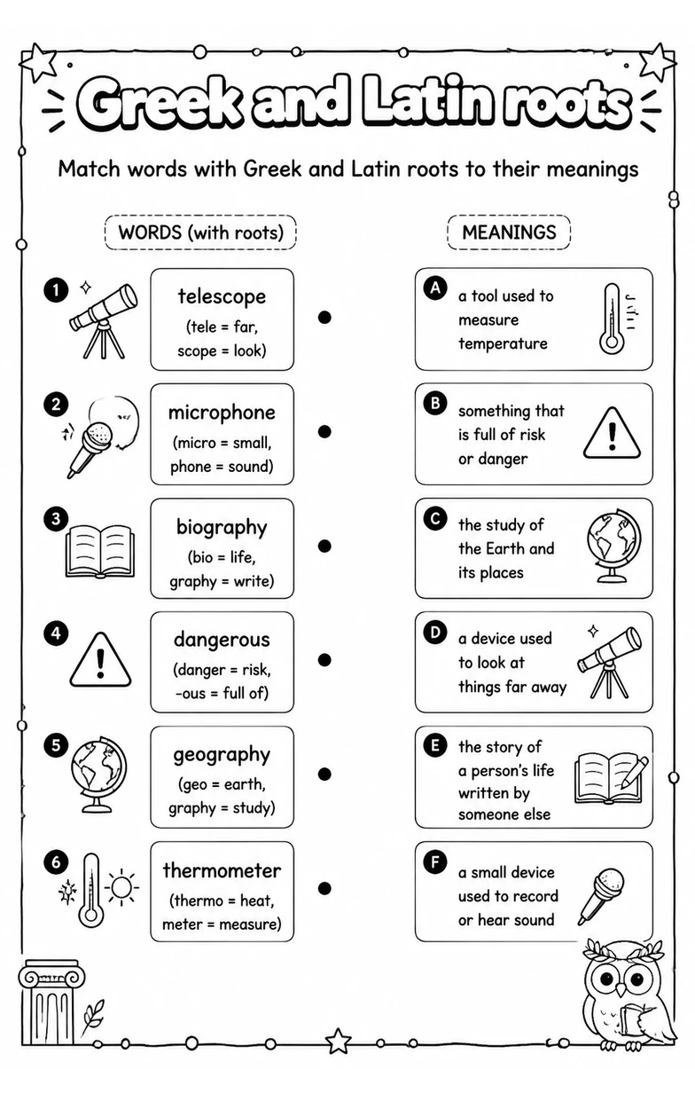 Match words with Greek and Latin roots to their meanings