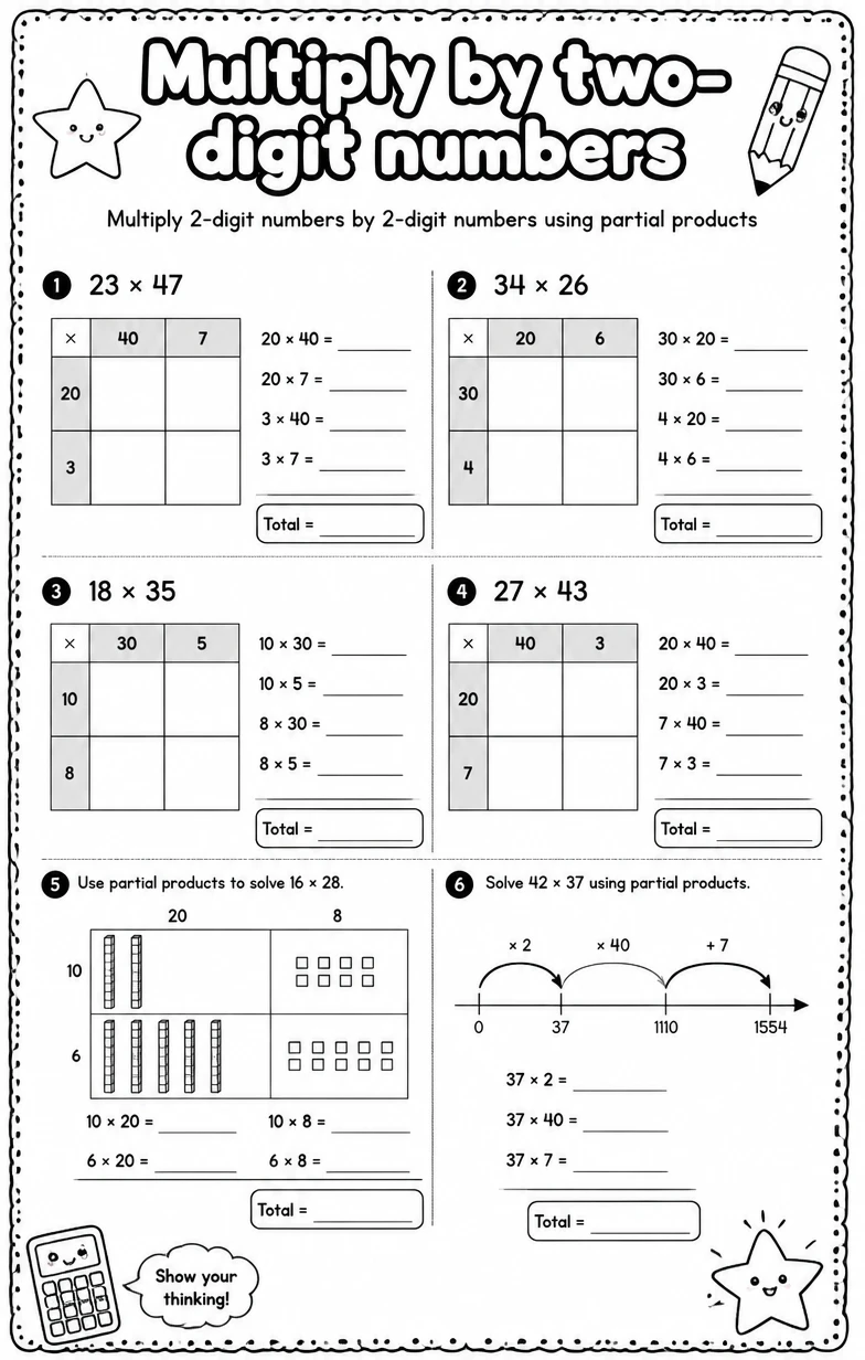 Multiply 2-digit numbers by 2-digit numbers using partial products