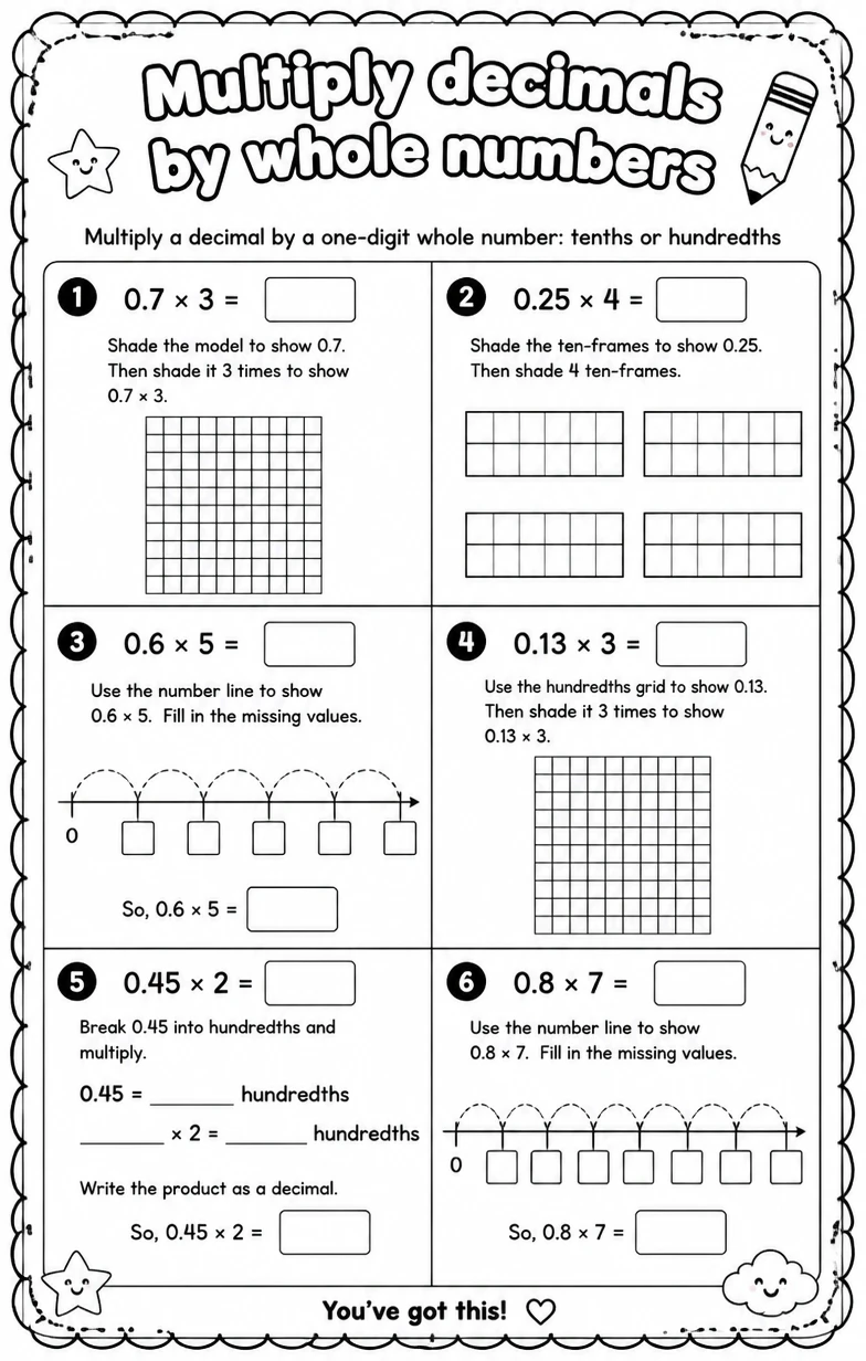 Multiply a decimal by a one-digit whole number: tenths or hundredths