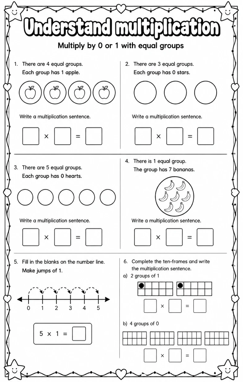 Multiply by 0 or 1 with equal groups