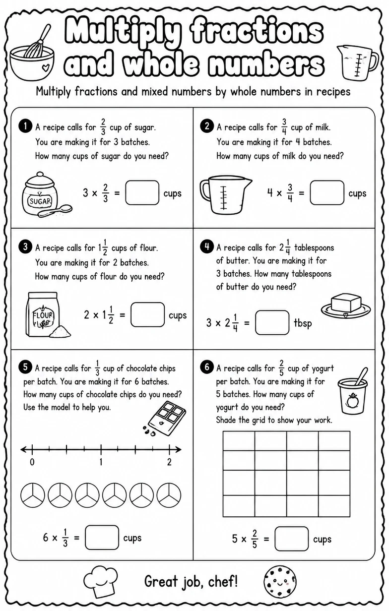 Multiply fractions and mixed numbers by whole numbers in recipes