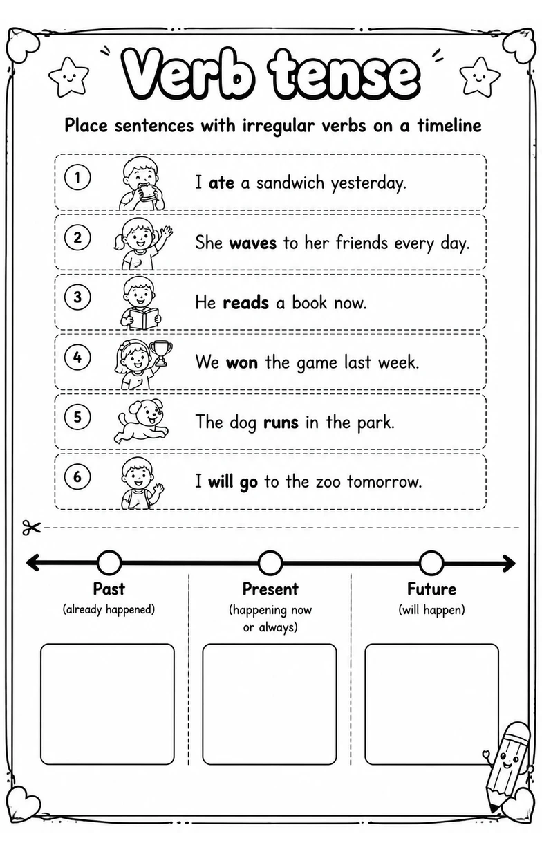 Place sentences with irregular verbs on a timeline
