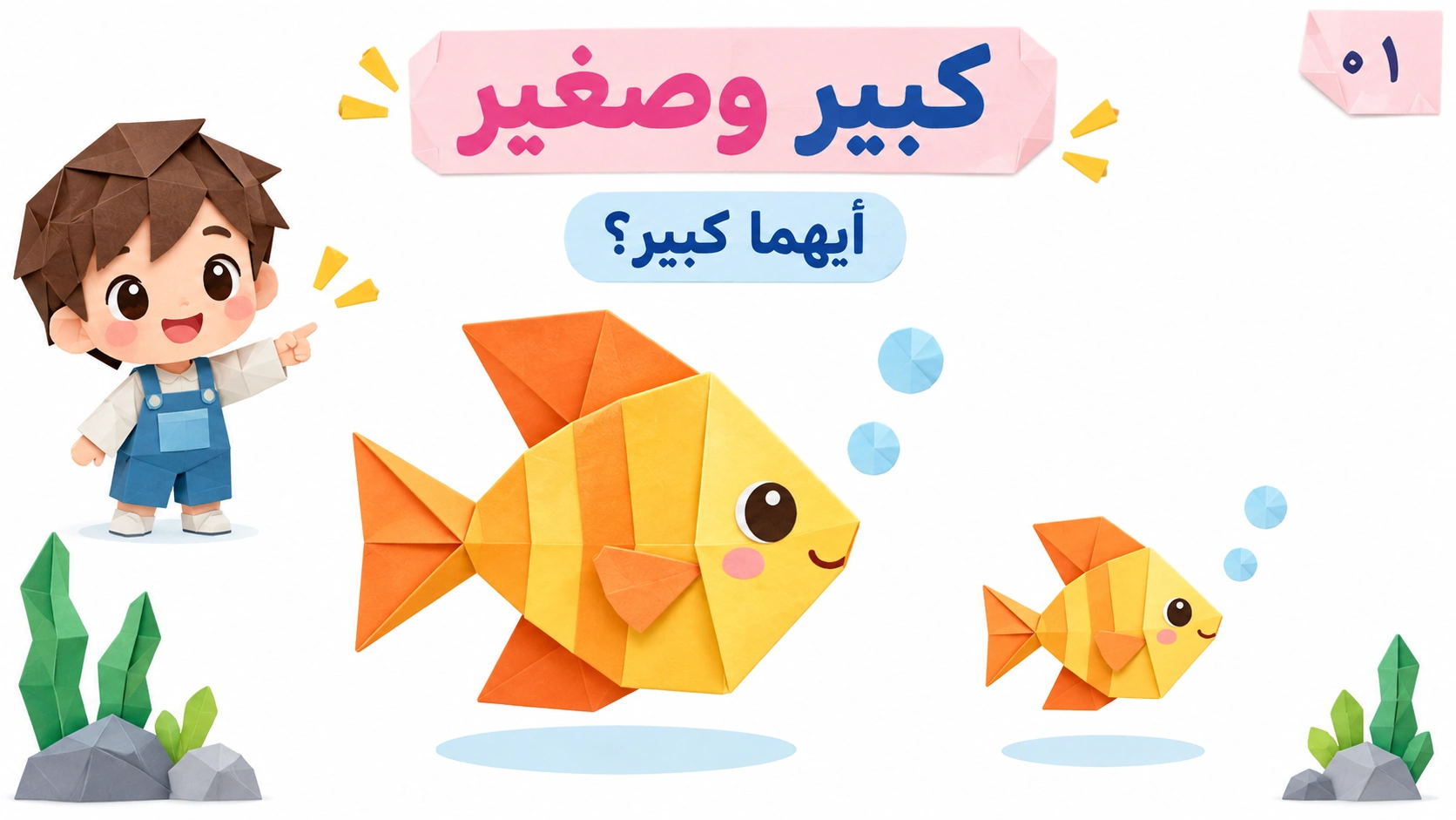 غلاف عرض رياضيات للأطفال يظهر سمكة كبيرة وأخرى صغيرة