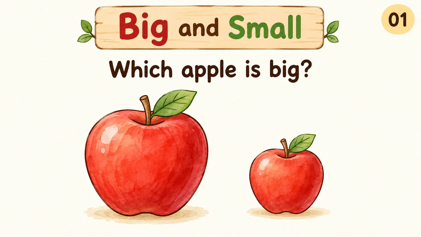 Cover slide of a preschool mathematics presentation comparing a big and a small red apple